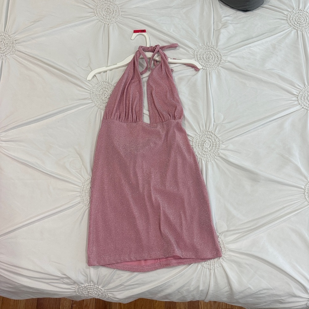 Pink glitter open back mini skirt
